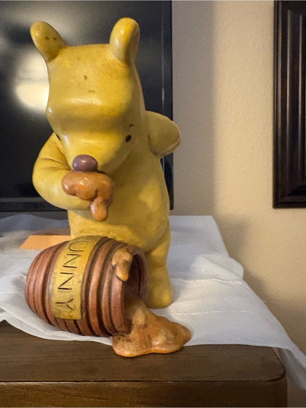 Winnie-Themed Yellow Ceramic Bear with Honey Pot, heavy, vintage